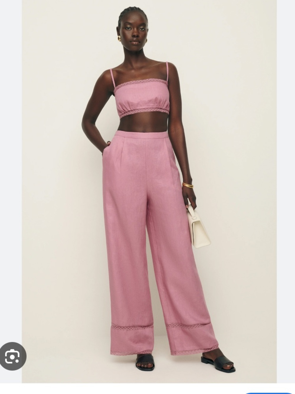 NWT Reformation violet linen two piece rose SZ 2 pink mauve pants top lace